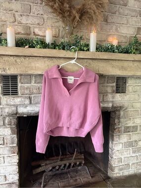 Abercrombie & Fitch Pink V-Neck Collared Cropped Sweater
